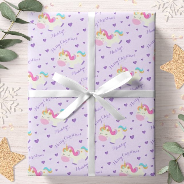 Papel De Presente Unicórnio Arco-íris Roxo Natal Personalizado (Criador carregado)