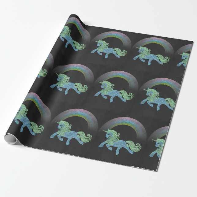 Papel De Presente Unicórnio Azul com quadro negro (Desenrolado)