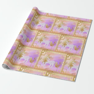 Papel De Presente Unicórnio com coroa dourada em ouro rosa violeta r