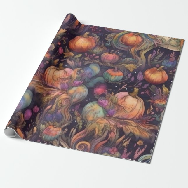 Papel De Presente Unicórnio De Aquarela Para Padrão De Halloween (Desenrolado)