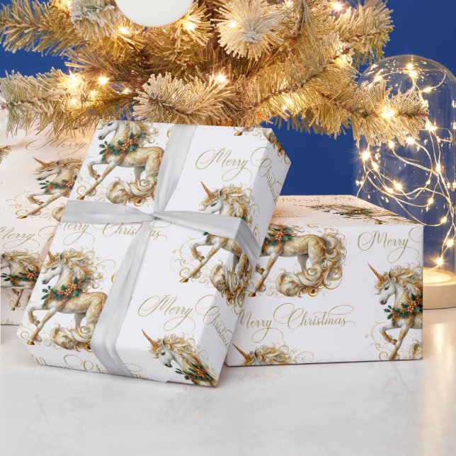 Papel De Presente Unicórnio de Natal Branco e Dourado Elegante (Feriados)