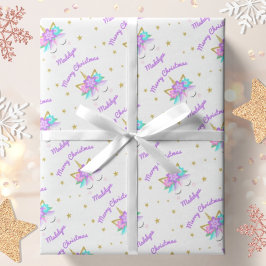 Papel De Presente Unicórnio Flores Purple Cute Personalizado Natal