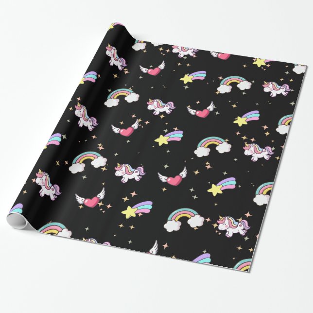 Papel De Presente Unicórnio Mágico Estrela Arco-íris Fofo Preto (Desenrolado)