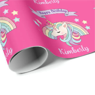 Papel De Presente Unicórnio Pastel Fofo & Arco-íris Espelhado em Ros