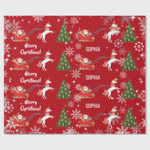 Papel De Presente Unicórnio Puxando o Trenó do Papai Noel Personaliz