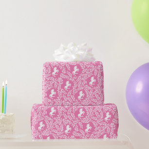Papel De Presente Unicórnio Rosa e Branco Padrão Floral de Folhas   