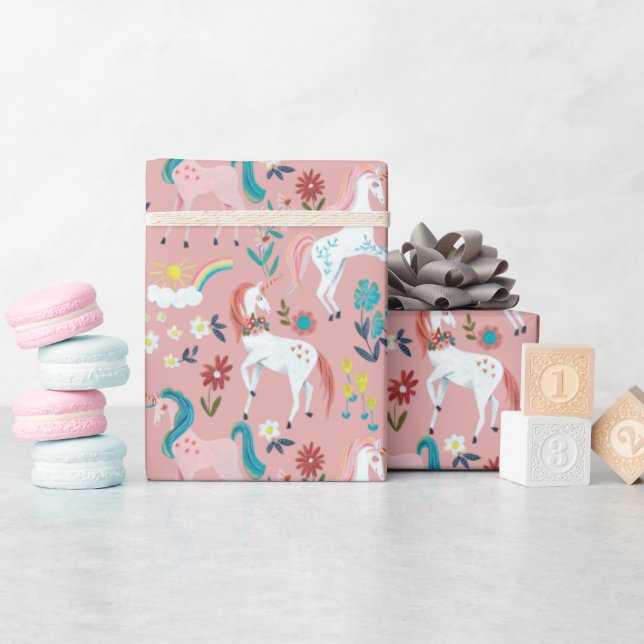 Papel De Presente Unicórnio rosa meninas mágicas fofas primeiro aniv (Chá de bebê)
