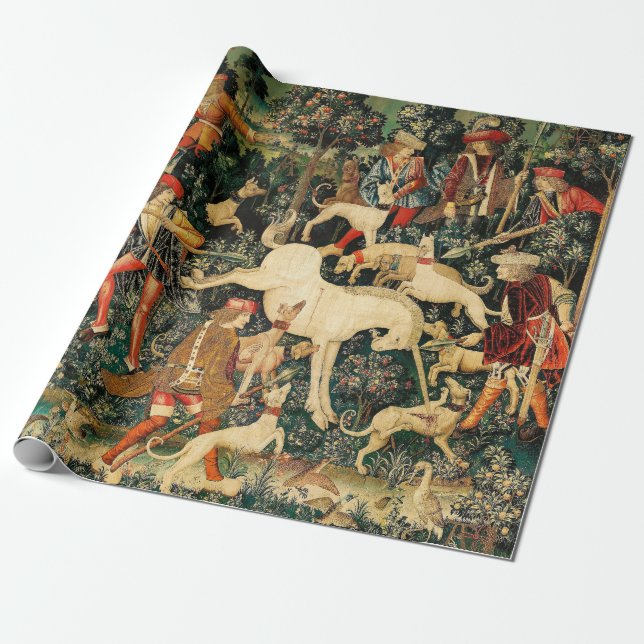 Papel De Presente Unicórnio Tapestries Clássico Medieval Defende Caç (Desenrolado)