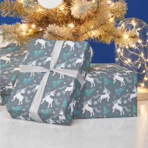 Papel De Presente Unicórnios de Inverno em Tom Cinza Escuro