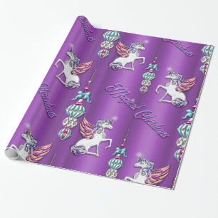 Papel De Presente Unicórnios de Natal Mágico Roxo