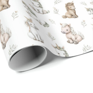 Papel De Presente Unicórnios e Flores em Padrão de Aquarela Suave