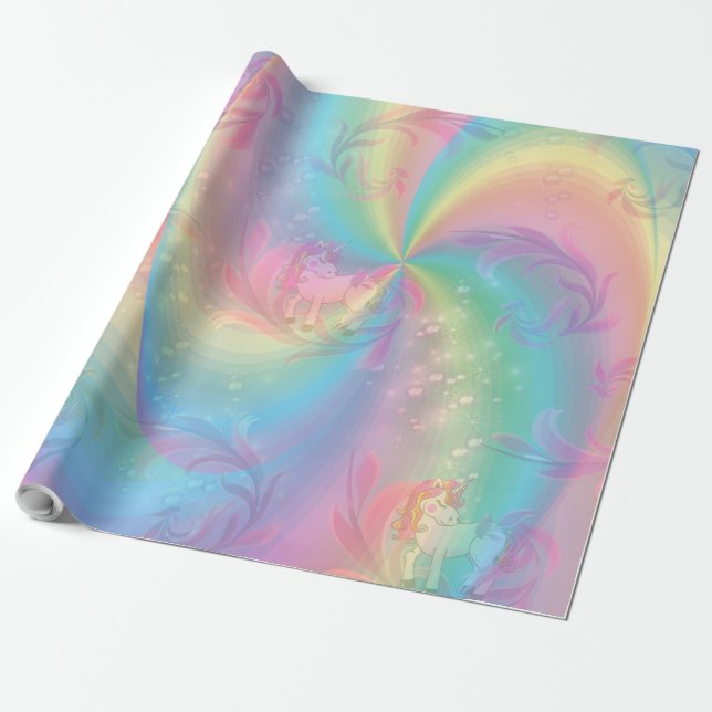 Papel De Presente Unicórnios, Rainbow espiral para garotas bonitas. (Desenrolado)