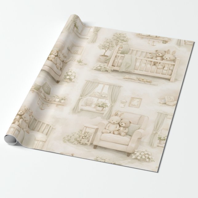 Papel De Presente Ursa de berçário neutro quarto padrão bege (Desenrolado)