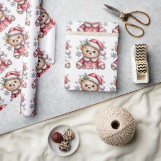 Papel De Presente Ursa de Natal Fofa e Flocos de Neve Baby Shower