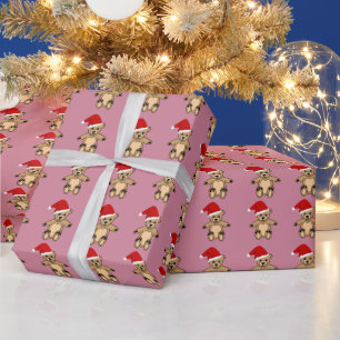 Papel De Presente Ursa de pelúcia fofa com chapéu de Papai Noel rosa