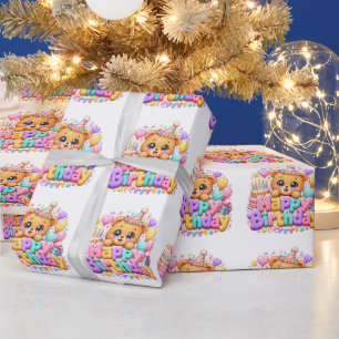 Papel De Presente Ursa de pelúcia fofa Kawaii Feliz Aniversário Rosa
