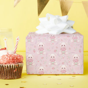 Papel De Presente Ursa Rosa Fofa e Padrão Sem Costura de Buquê Flora