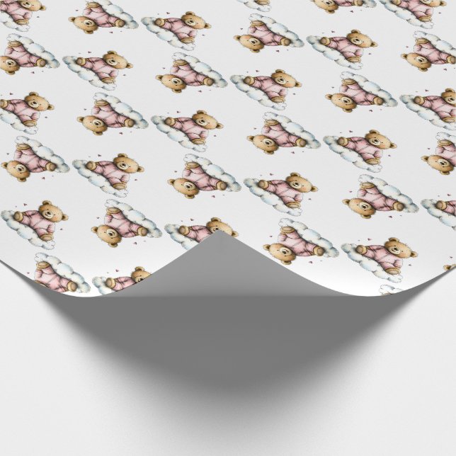 Papel De Presente Ursa Teddy Fofa em uma Nuvem Fofa de PJs Rosa (Ponta)