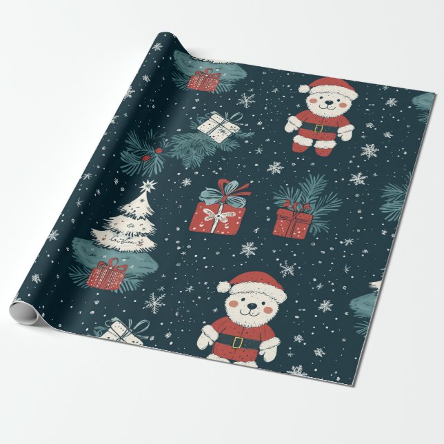 Papel De Presente Ursa Teddy Fofa & Papai Noel em Verde Escuro (1) (Desenrolado)