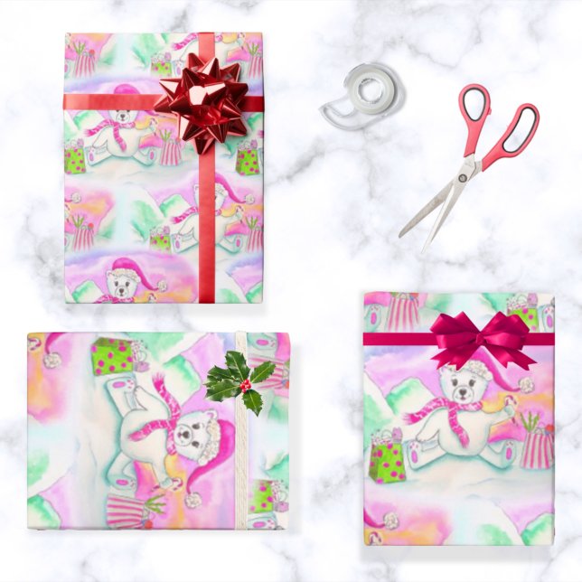 Papel De Presente Ursinho Polar de Natal em Aquarela (Criador carregado)