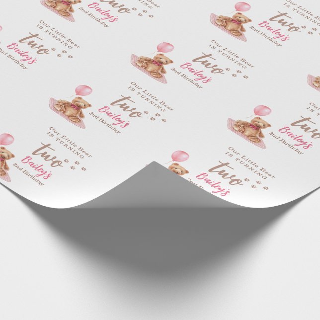 Papel De Presente Ursinho Rosa Aniversário de Qualquer Idade (Ponta)