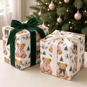 Papel De Presente Ursinho Teddy Prep Pink Green Natal