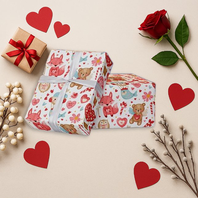 Papel De Presente Ursinho Valentim Coração Rosa Doce (Criador carregado)