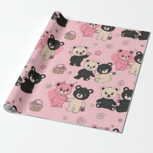Papel De Presente Ursinhos com Corações e Rosa - Dia dos Namorados (