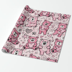Papel De Presente Ursinhos com Corações e Rosa - Dia dos Namorados (