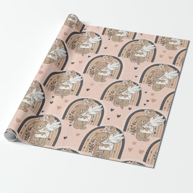 Papel De Presente Ursinhos de pelúcia Boho para Berçário com Arco-ír (Desenrolado)