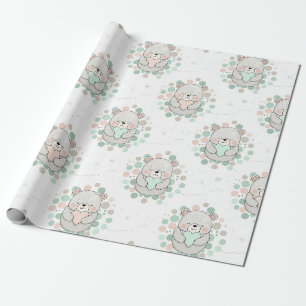 Papel De Presente Ursinhos de pelúcia com Corações Rosa e Verde-Ment