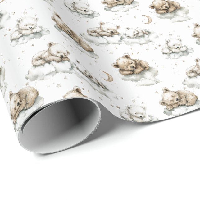 Papel De Presente Ursinhos doces dormindo profundamente em nuvens fo (Ponta do rolo)