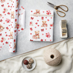 Papel De Presente Ursinhos Namorados bonitos com coração vermelho