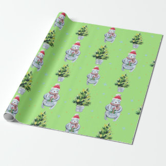 Papel De Presente Urso Branco Segurando um Presente e Árvore Verde