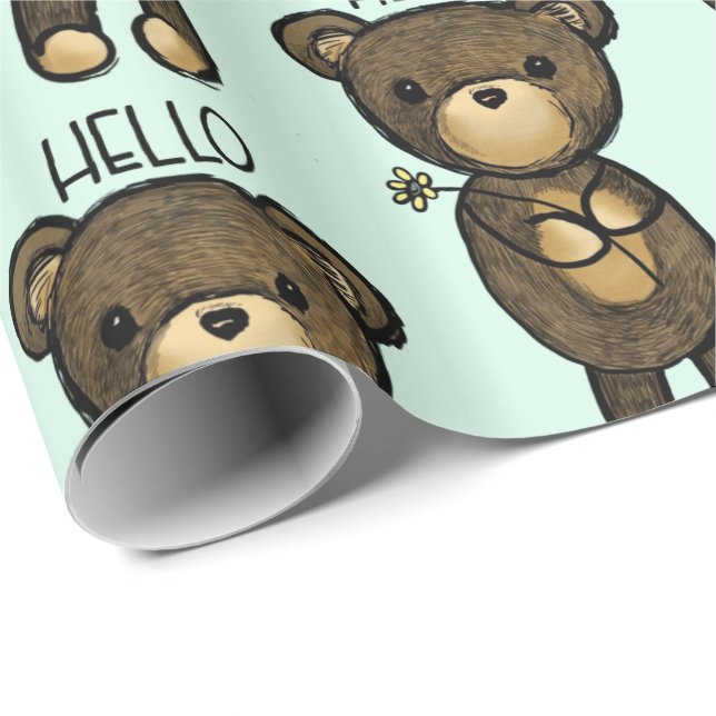 Papel De Presente Urso castanho-branco segurando uma flor amarela (Ponta do rolo)