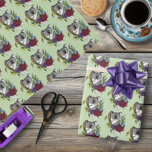 Papel De Presente Urso Coala Fofo Verde Vida Selvagem Floral Austral
