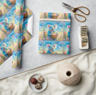 Papel De Presente Urso coala segurando uma cesta de ovos de Páscoa