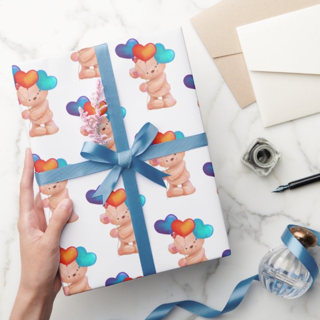 Papel De Presente Urso com Balão de Coração de Aniversário (Presentear)