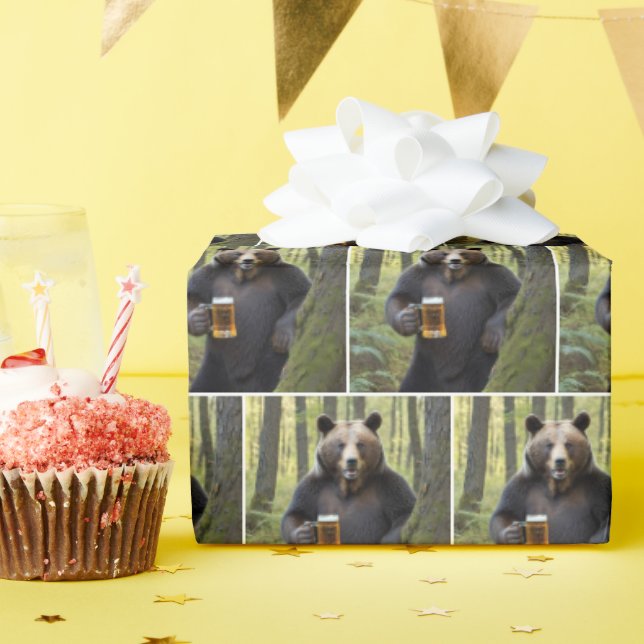 Papel De Presente Urso com Cerveja de Aniversário (Festa de aniversário)
