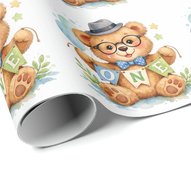 Papel De Presente Urso de Aguarela com Faixa de ANIVERSÁRIO (Ponta do rolo)