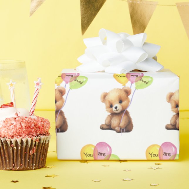 Papel De Presente Urso de Aniversário com Balões de Festas (Festa de aniversário)