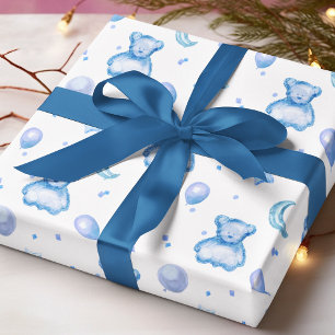 Papel De Presente Urso de Balão de Menino Bebê em Aquarela Azul