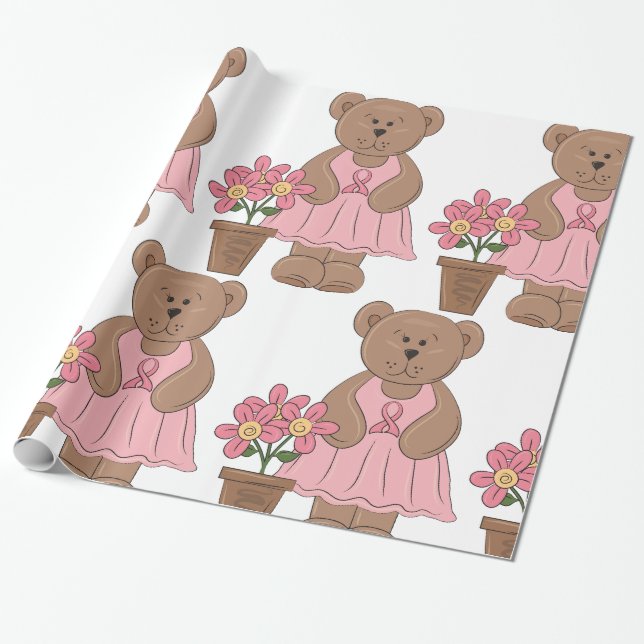 Papel De Presente Urso de Consciência do Cancer em Vestido Rosa (Desenrolado)