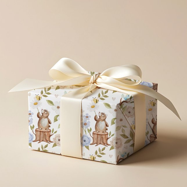 Papel De Presente Urso De Mata De Floresta Floral De Aquarela (Watercolor Floral Woodland Forest Knitted Bear Wrapping Paper)