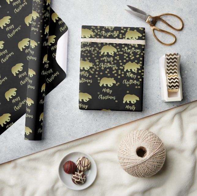 Papel De Presente Urso de Natal Dourado e Preto (Artesanato)