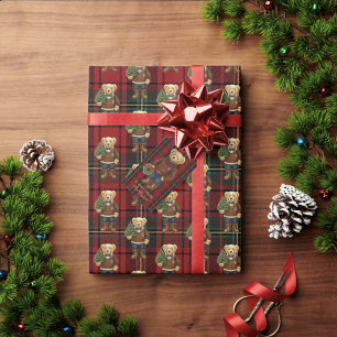Papel De Presente Urso de Natal Xadrez Vermelho Luxuoso e Elegante