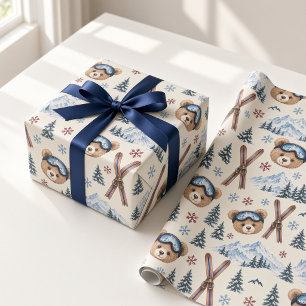 Papel De Presente Urso de Neve de Esqui Alpino Aniversário de Invern