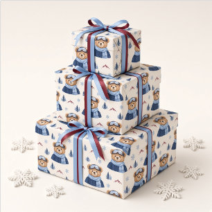 Papel De Presente Urso de Neve de Montanha de Inverno de Esqui Teddy