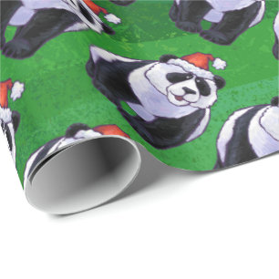 Papel De Presente Urso de panda no chapéu do papai noel no verde