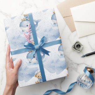 Papel De Presente Urso de Pelúcia Azul em Chuvinha de Bebê Baleia